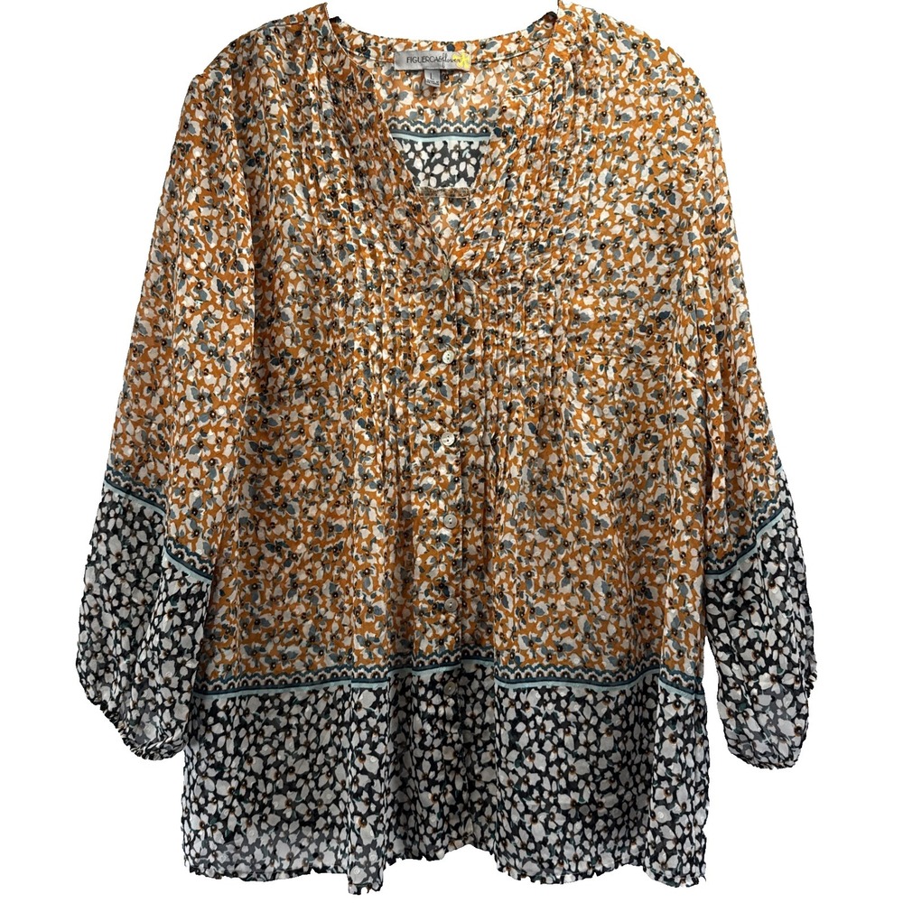 Figeuroa & Flower Women's Top Size Large Button Up Bohemian 3/4 Sleeves Pintuck